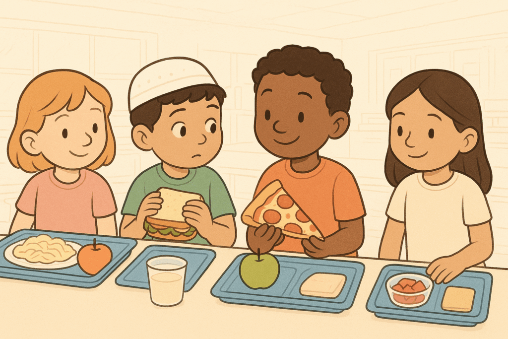 Illustration of a diverse group of children sitting together at a school cafeteria lunch table, one Muslim boy in a white cap holding a halal chicken sandwich looking curiously at another boy’s pepperoni pizza slice, warm and friendly children’s book style, promoting cultural food awareness.