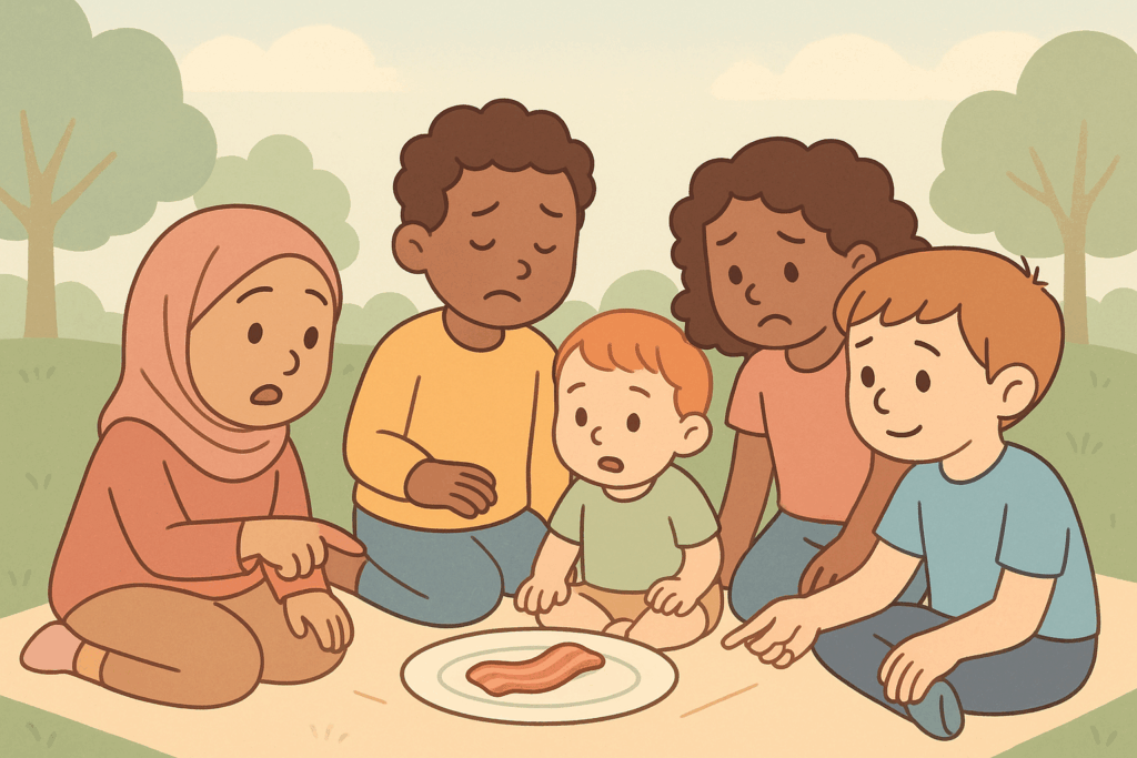 Illustration of five diverse children, from toddler to pre-teen, sitting together on a picnic blanket in a park, looking at a plate with bacon. One child in a hijab points at the bacon with a concerned expression, another shakes their head, while others watch attentively. Friendly, educational scene in pastel semi-flat style with warm tones.