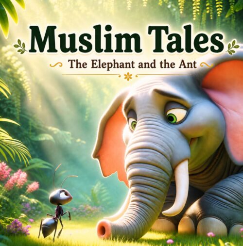 Cover of Muslim Tales: The Elephant and the Ant, featuring a friendly elephant and a small ant in a colorful nature scene.