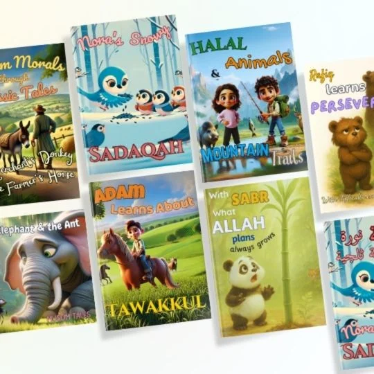Bookshelf displaying Mayous Publishing children’s storybooks about faith, morals, and science for Muslim families