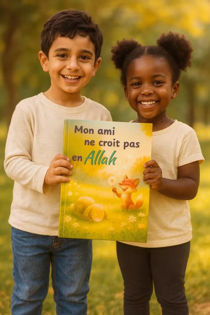 Garçon arabe de 9 ans et fillette noire de 7 ans souriant et tenant le livre pour enfants « Mon ami ne croit pas en Allah » dans un parc ensoleillé (couverture renard & lapin)