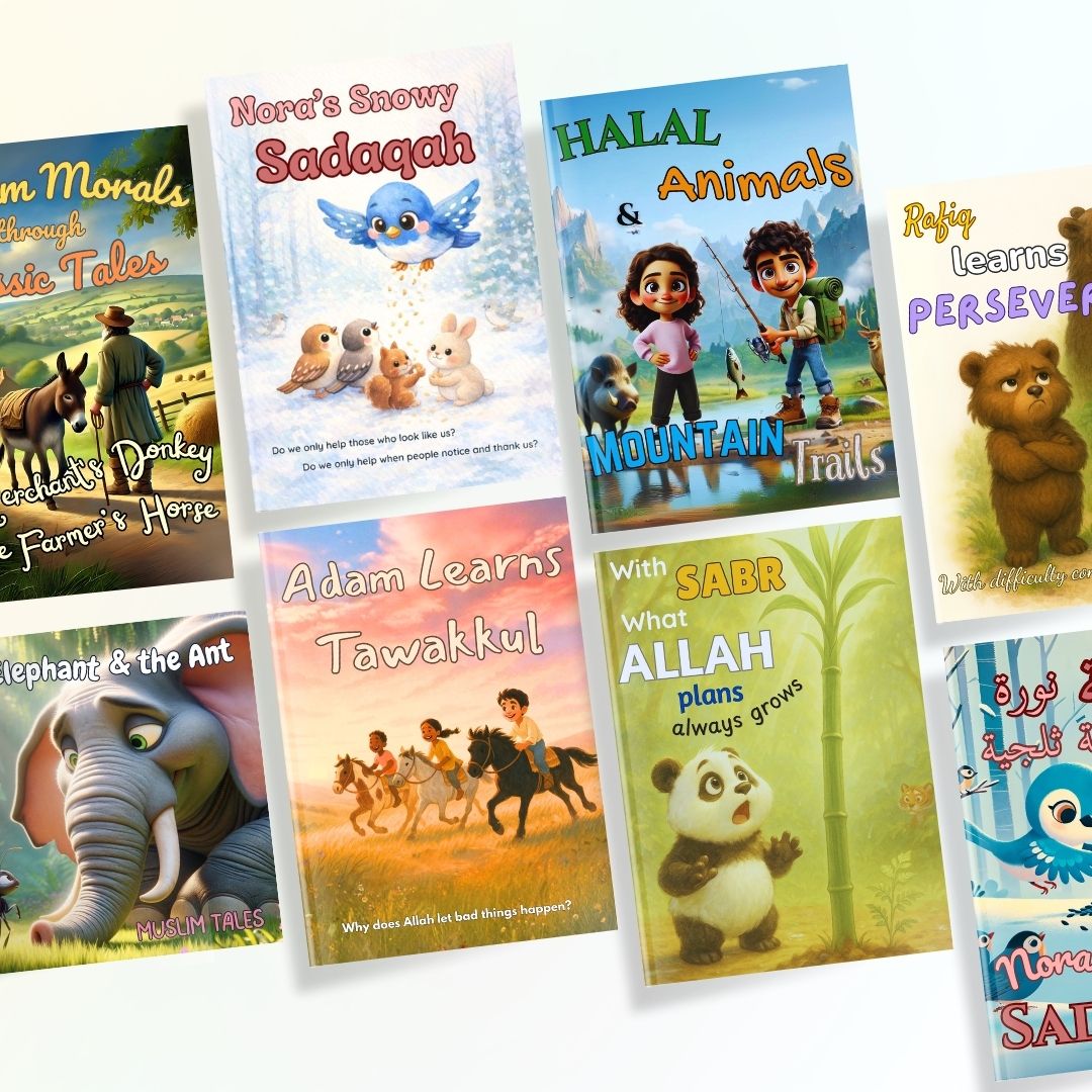 Bookshelf displaying Mayous Publishing children’s storybooks about faith, morals, and science for Muslim families