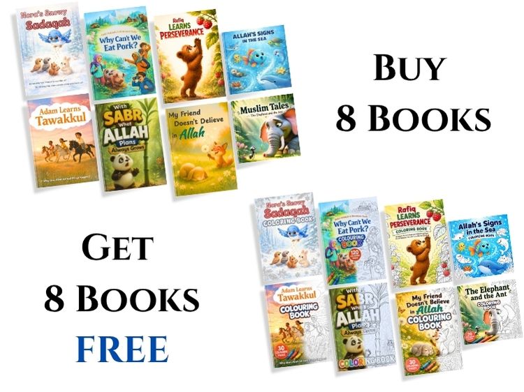 8 Islamic children’s storybooks with 8 matching coloring books included free in the Mayous book bundle.